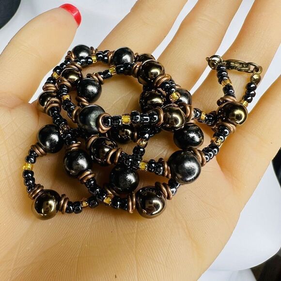 STUNNING Vintage Faux Pearl Black Brown Yellow Tone Beaded Beads Necklace 4021 - Picture 8 of 11